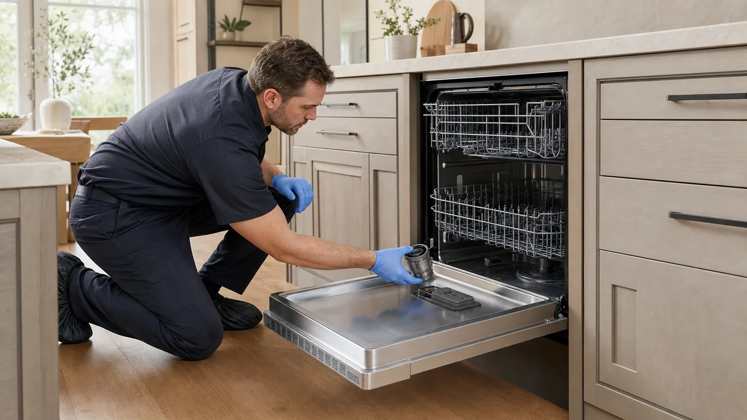 Panel-ready dishwasher prepared for a professional diagnostic visit